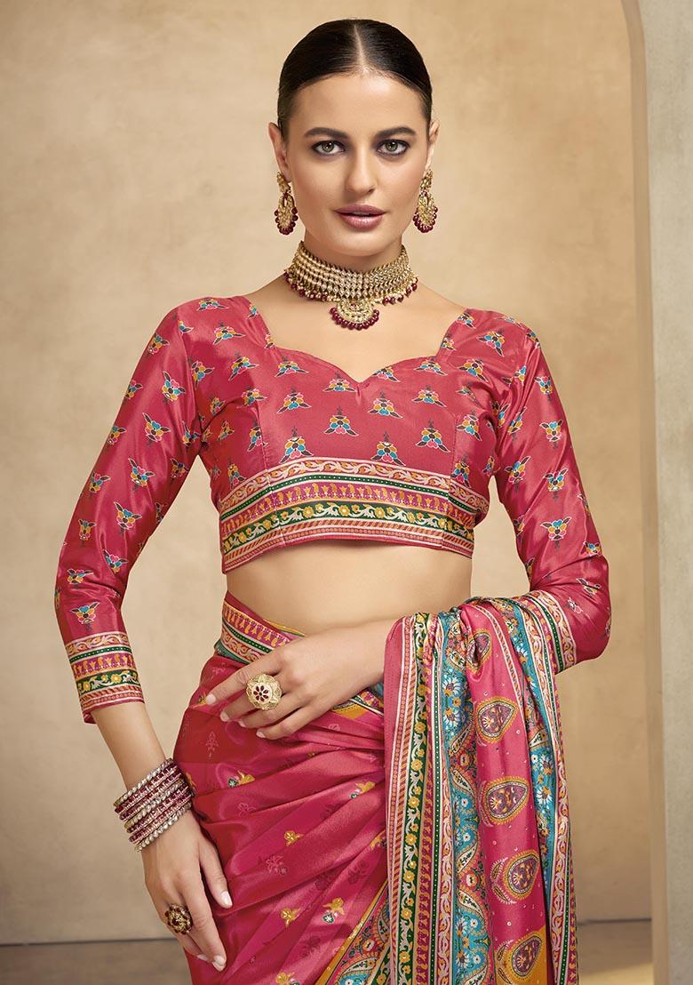 Gajari Pink Position Digital Foil Printed Crepe Silk Saree Set