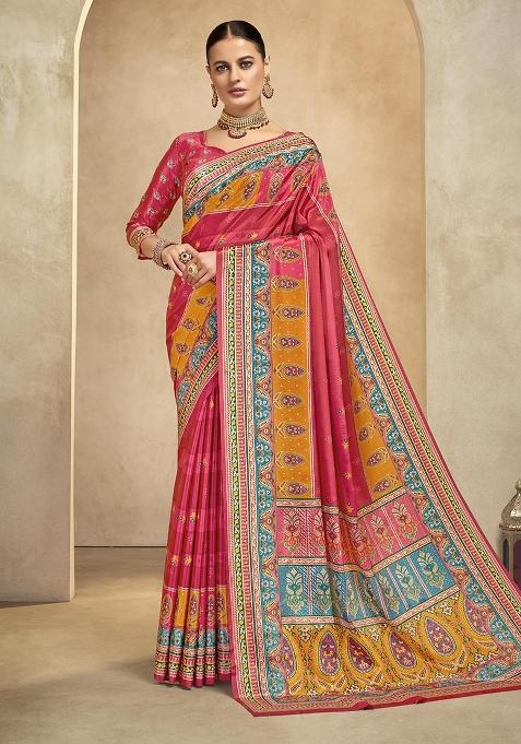 Gajari Pink Position Digital Foil Printed Crepe Silk Saree Set