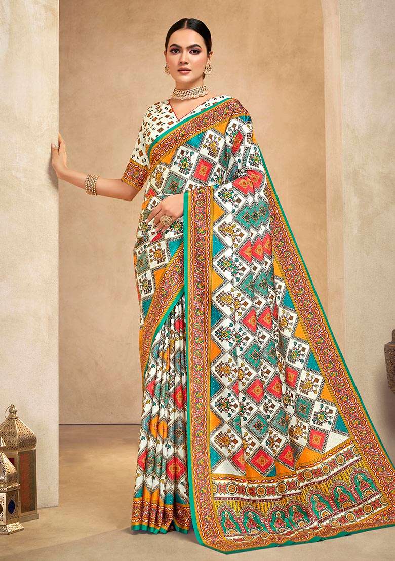 Multicolor Position Digital Foil Printed Crepe Silk Saree Set - Indya