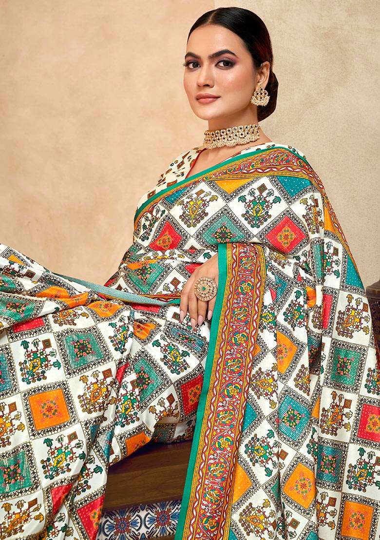 Multicolor Position Digital Foil Printed Crepe Silk Saree Set - Indya