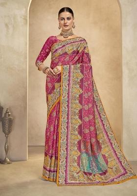 Pink Position Digital Foil Printed Crepe Silk Saree Set