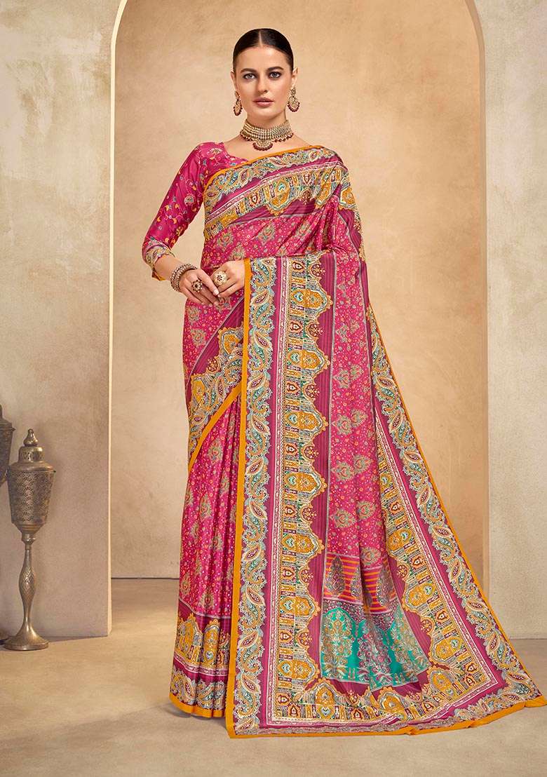 Pink Position Digital Foil Printed Crepe Silk Saree Set - Indya
