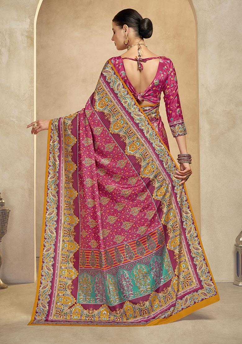 Pink Position Digital Foil Printed Crepe Silk Saree Set