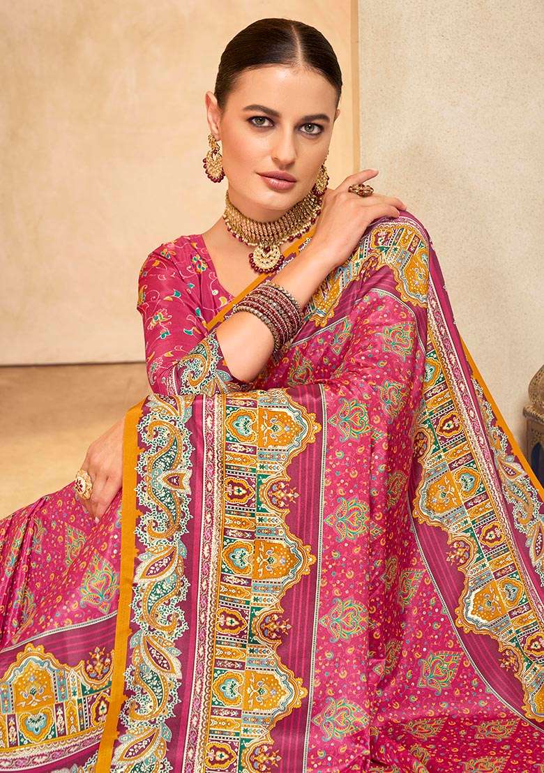 Pink Position Digital Foil Printed Crepe Silk Saree Set - Indya