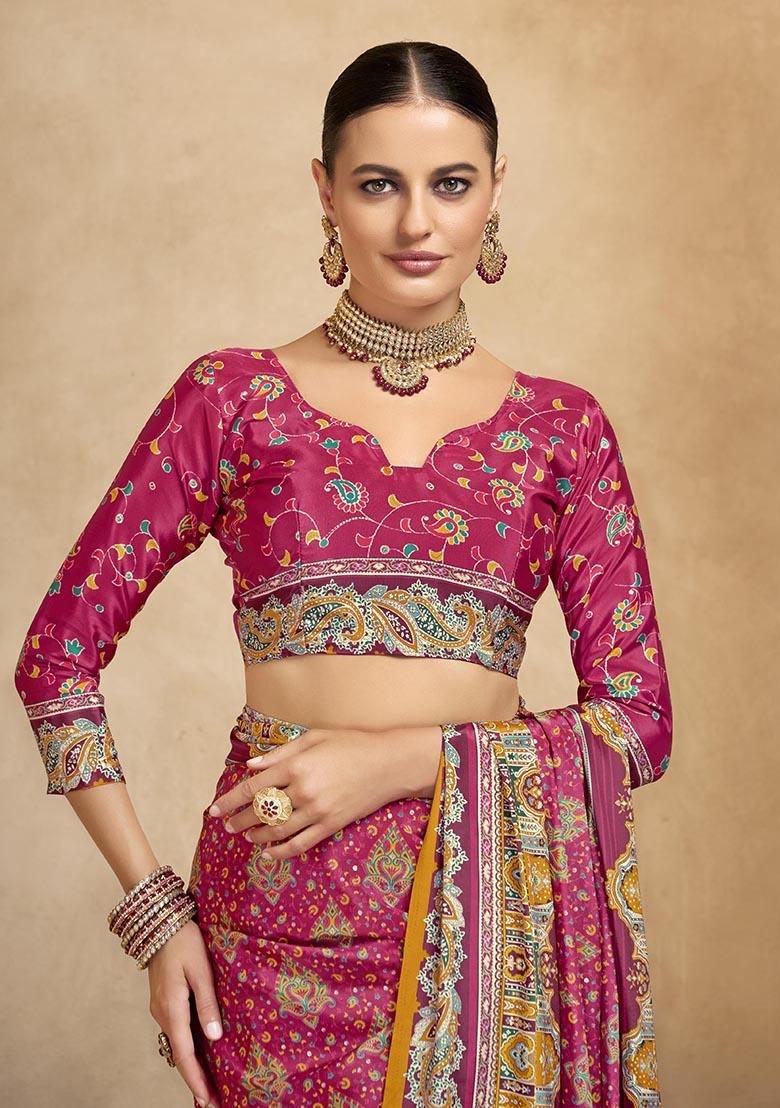 Pink Position Digital Foil Printed Crepe Silk Saree Set