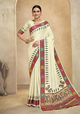 Cream Position Digital Foil Printed Crepe Silk Saree Set