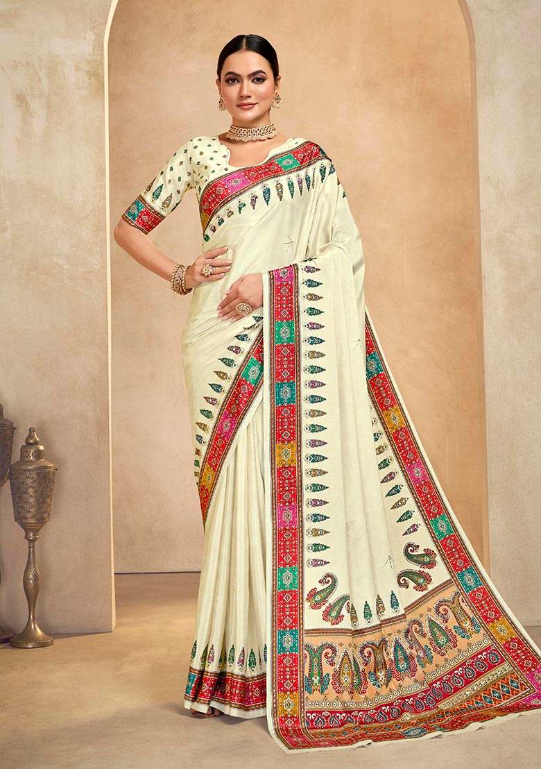 Cream Position Digital Foil Printed Crepe Silk Saree Set - Indya