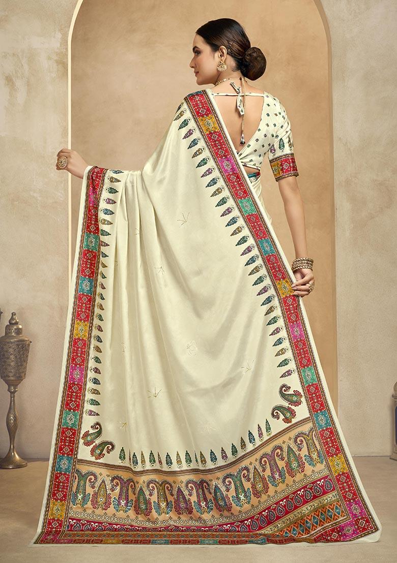 Cream Position Digital Foil Printed Crepe Silk Saree Set