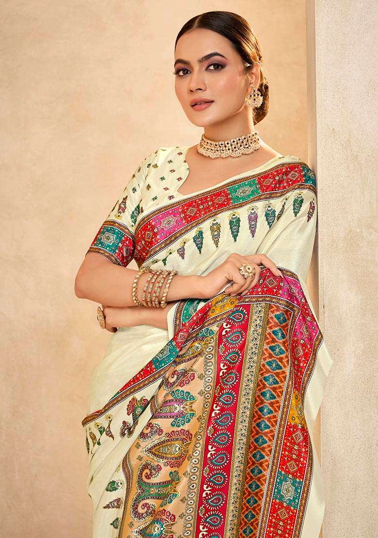 Cream Position Digital Foil Printed Crepe Silk Saree Set - Indya