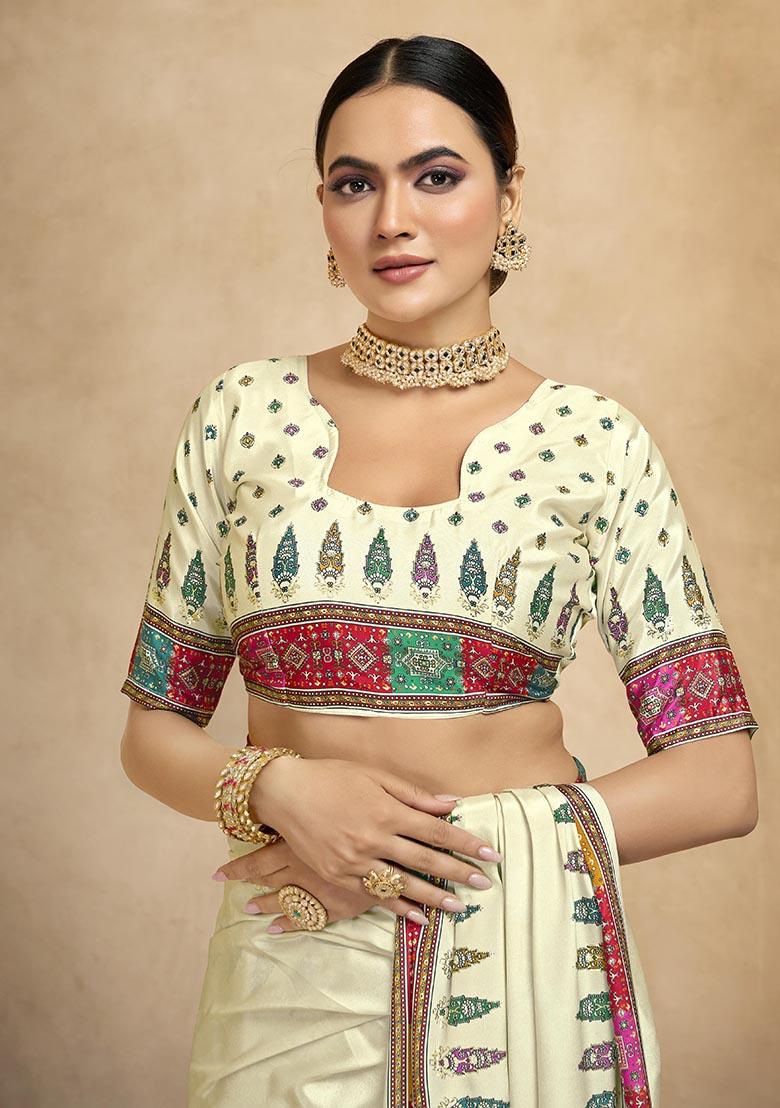 Cream Position Digital Foil Printed Crepe Silk Saree Set