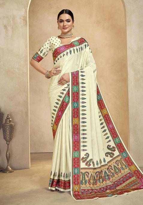 Cream Position Digital Foil Printed Crepe Silk Saree Set