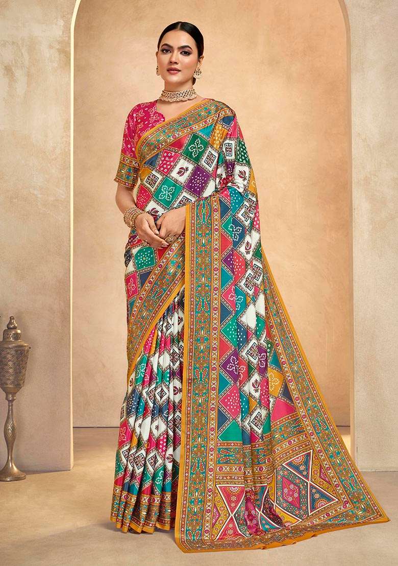 Multicolor Position Digital Foil Printed Crepe Silk Saree Set - Indya