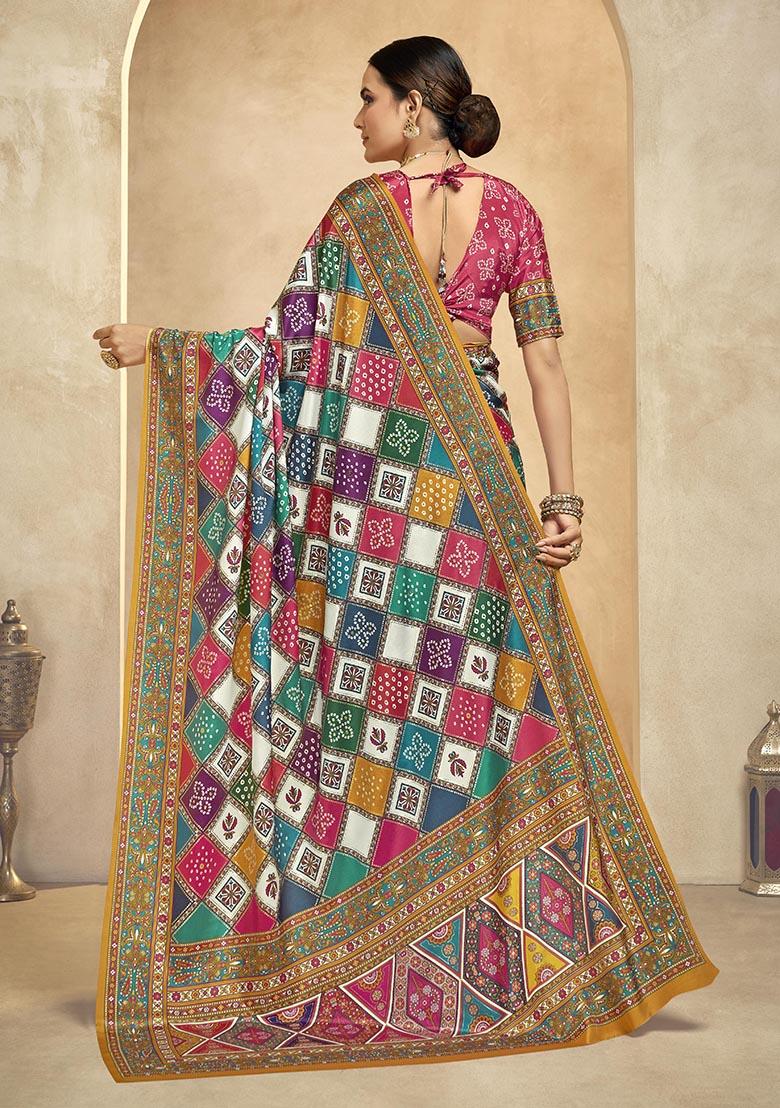 Multicolor Position Digital Foil Printed Crepe Silk Saree Set