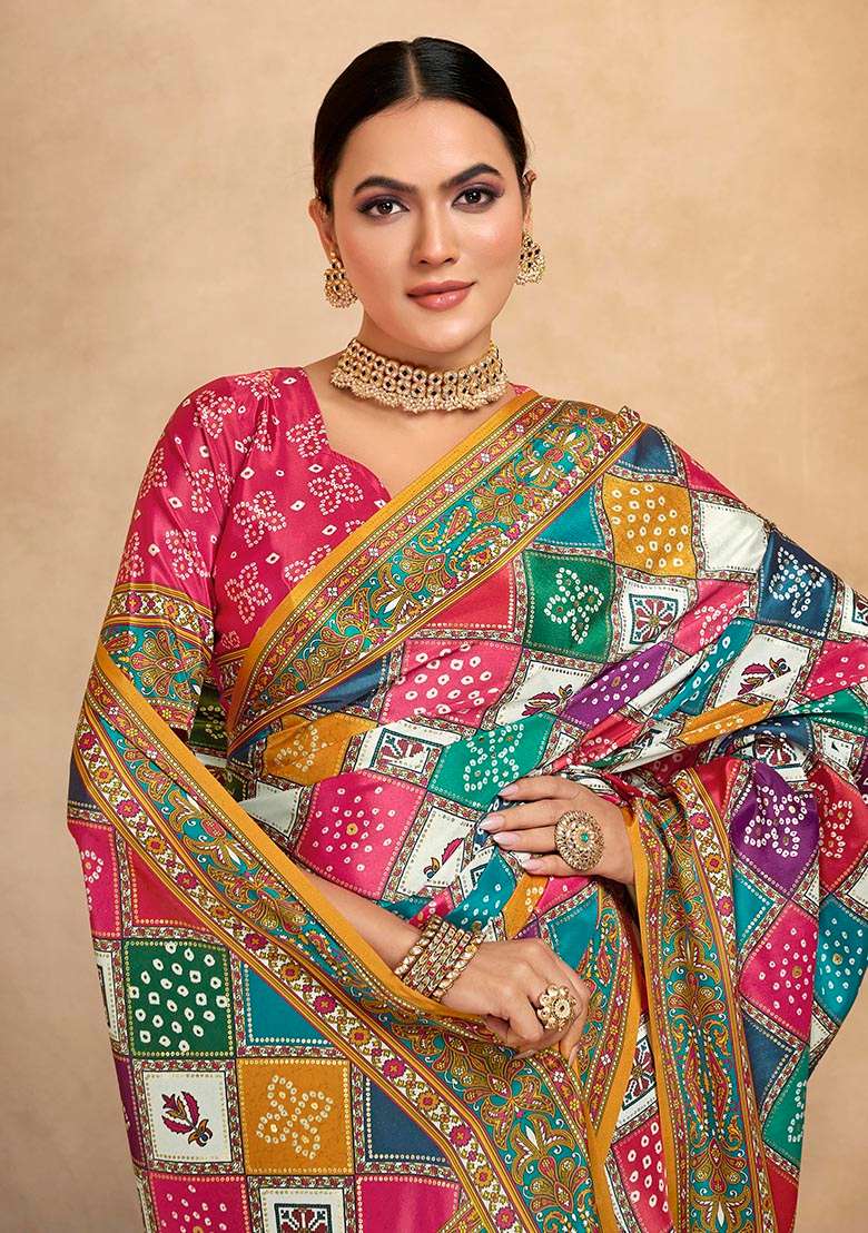 Multicolor Position Digital Foil Printed Crepe Silk Saree Set - Indya