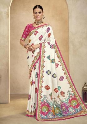 Off White Position Digital Foil Printed Crepe Silk Saree Set