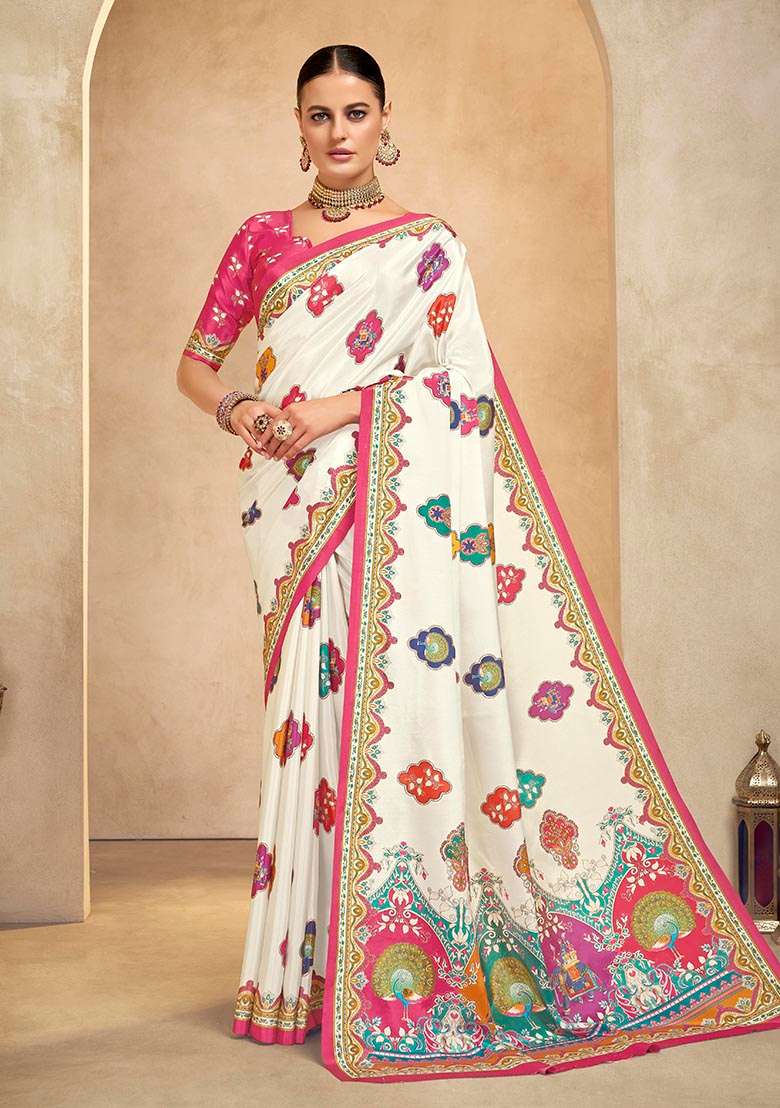 Off White Position Digital Foil Printed Crepe Silk Saree Set - Indya