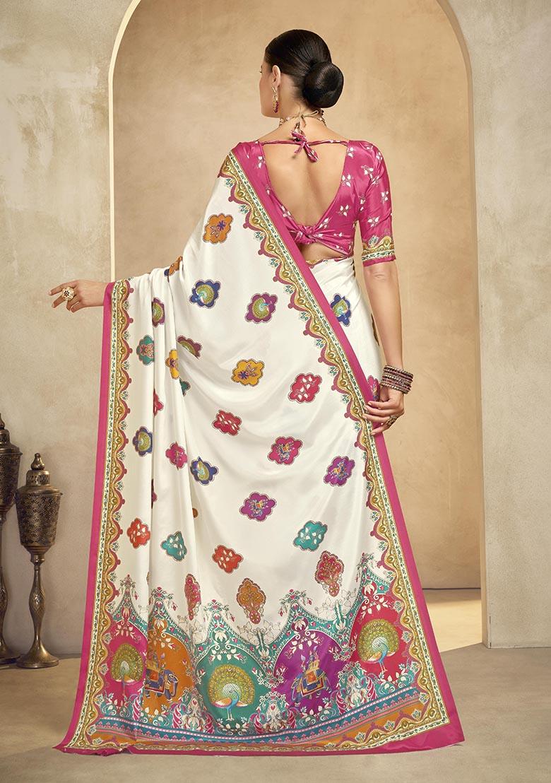 Off White Position Digital Foil Printed Crepe Silk Saree Set