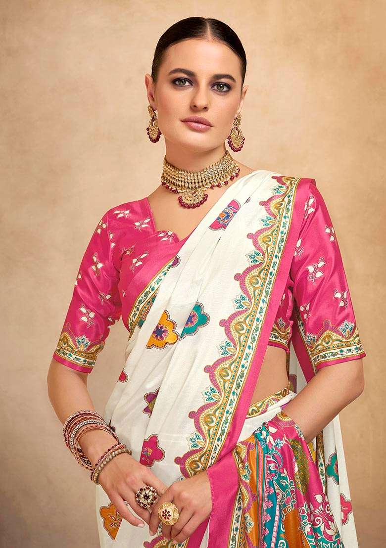 Off White Position Digital Foil Printed Crepe Silk Saree Set - Indya