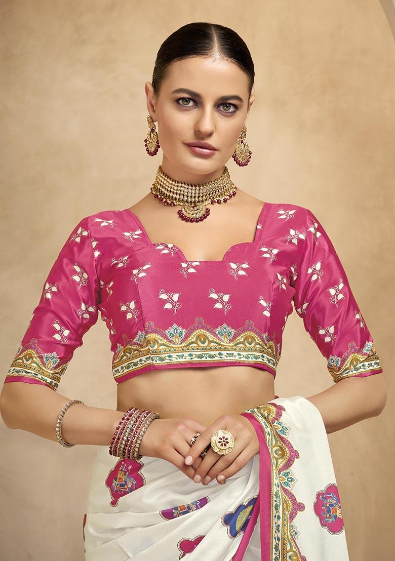 Off White Position Digital Foil Printed Crepe Silk Saree Set