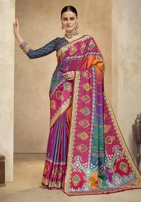 Multicolor Position Digital Foil Printed Crepe Silk Saree Set