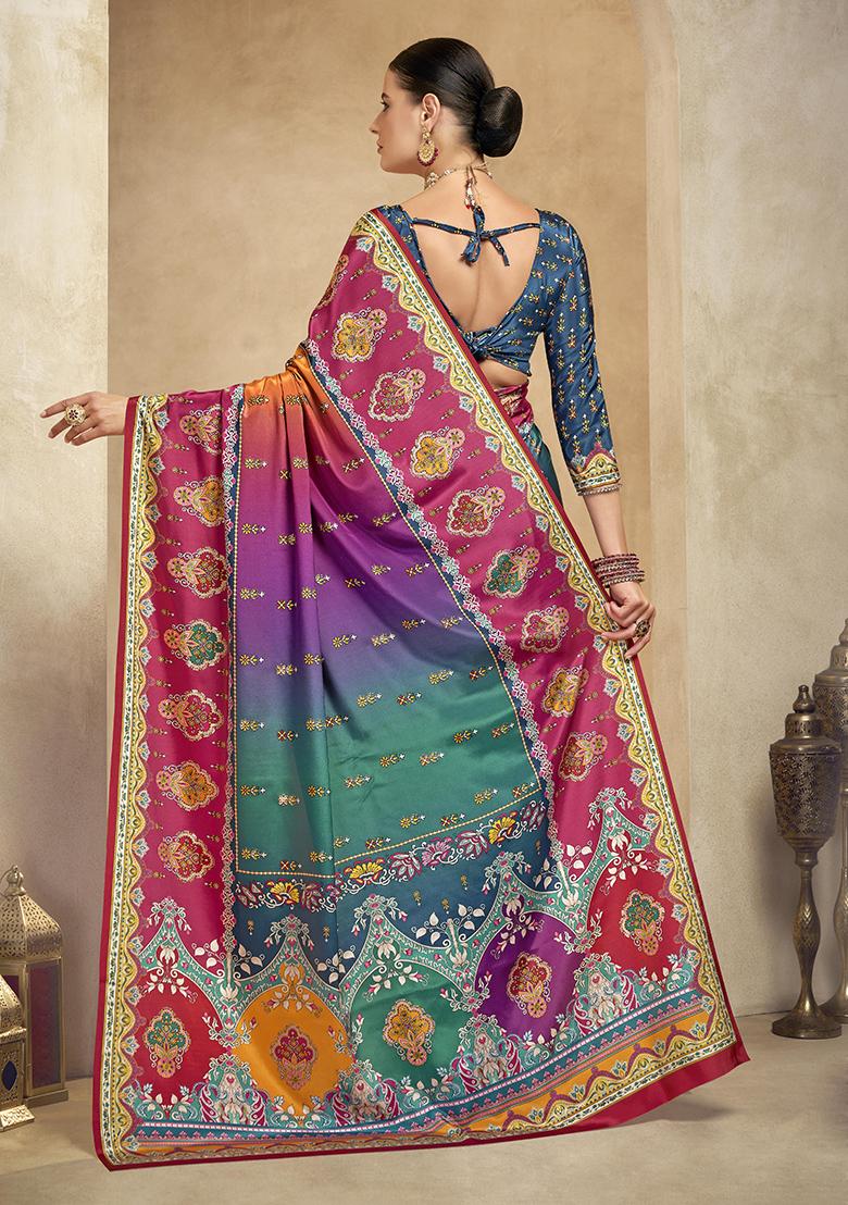 Multicolor Position Digital Foil Printed Crepe Silk Saree Set
