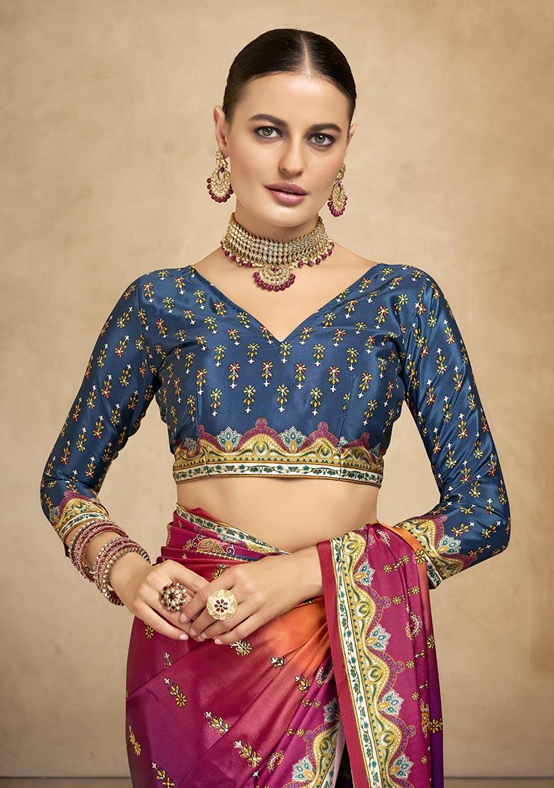 Multicolor Position Digital Foil Printed Crepe Silk Saree Set