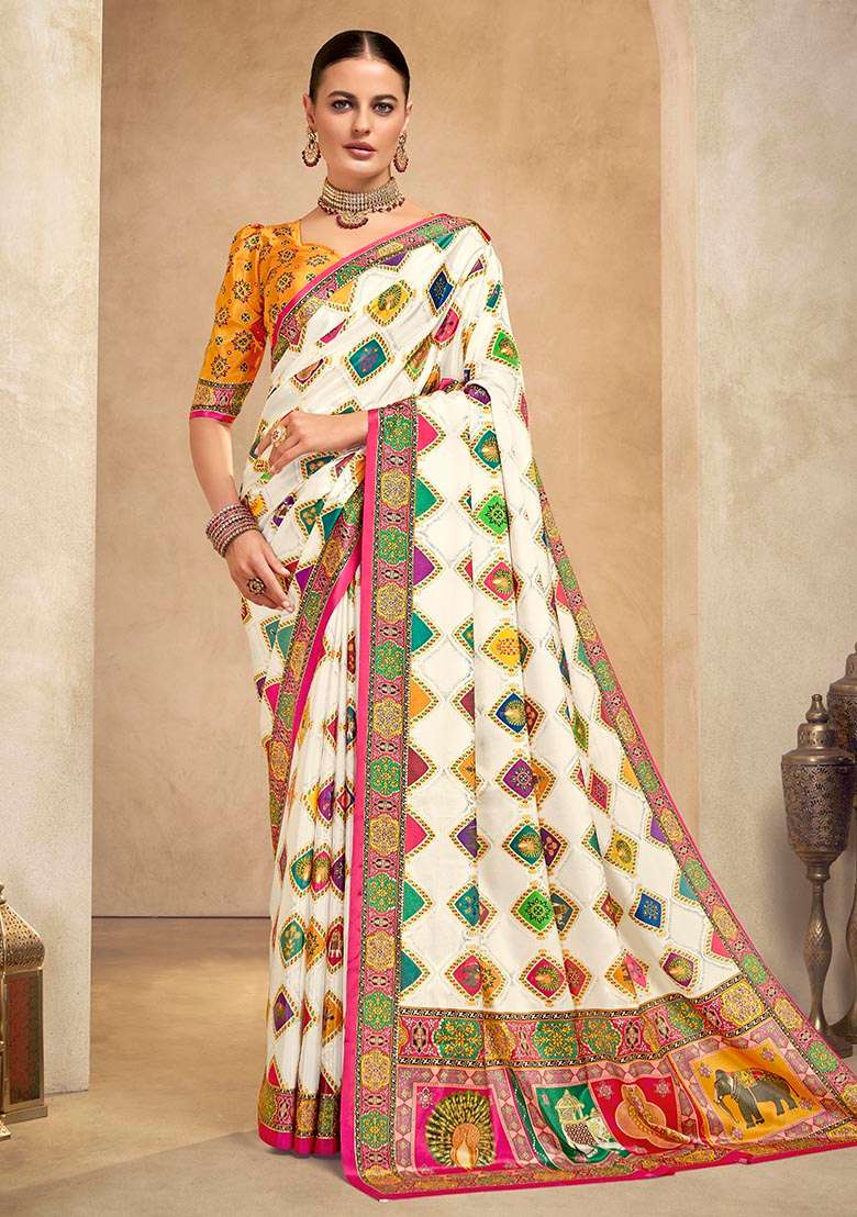 Off White Position Digital Foil Printed Crepe Silk Saree Set - Indya