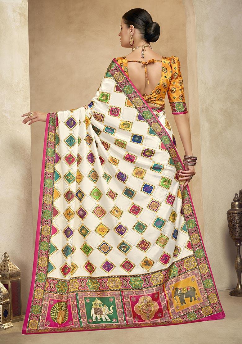 Off White Position Digital Foil Printed Crepe Silk Saree Set