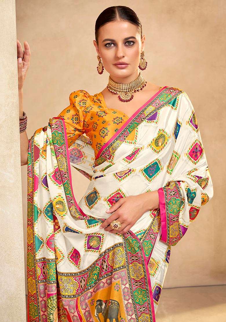 Off White Position Digital Foil Printed Crepe Silk Saree Set - Indya