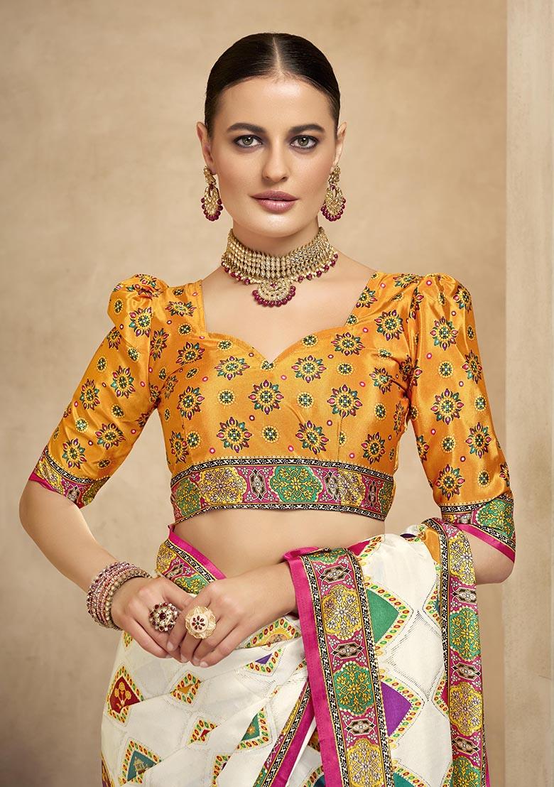 Off White Position Digital Foil Printed Crepe Silk Saree Set