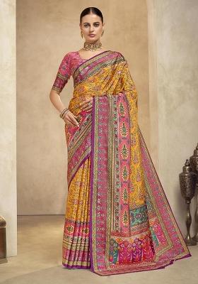 Orange Position Digital Foil Printed Crepe Silk Saree Set