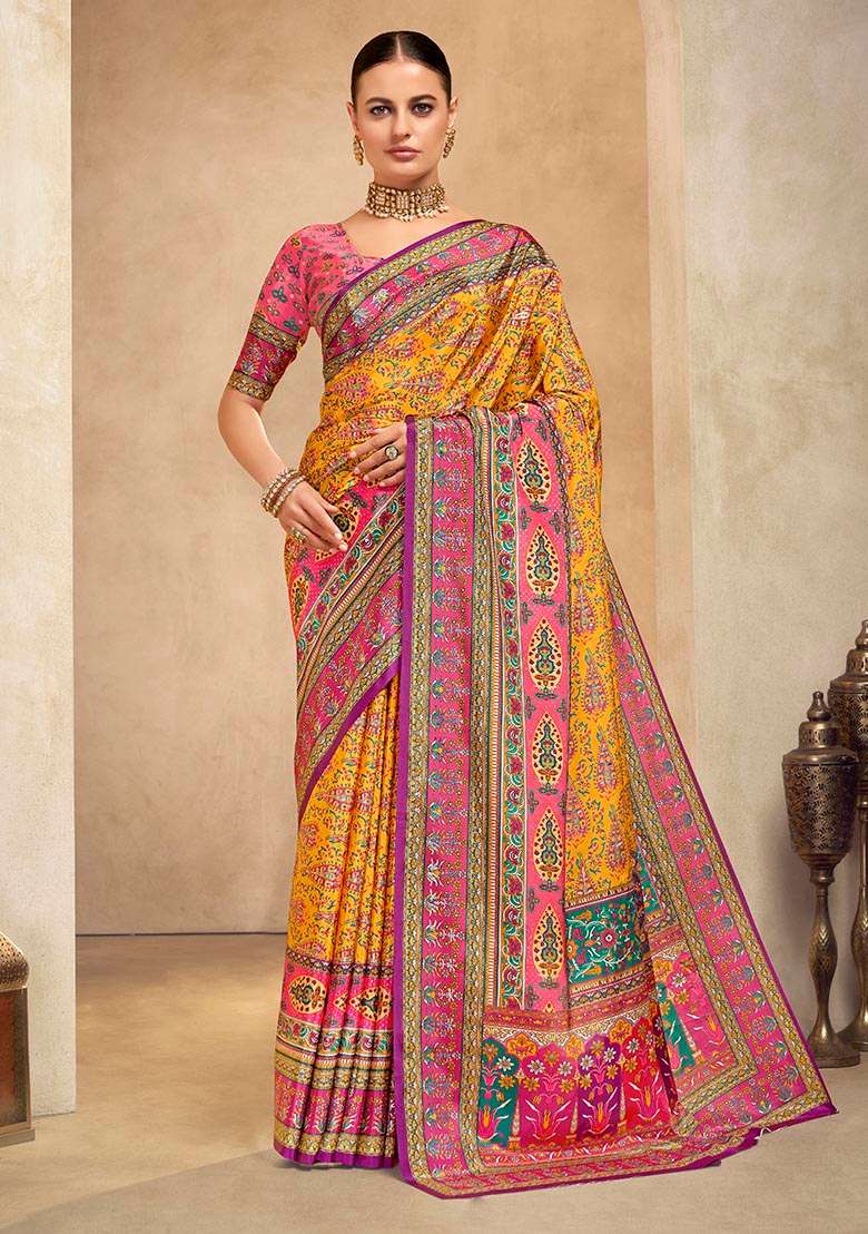 Orange Position Digital Foil Printed Crepe Silk Saree Set - Indya