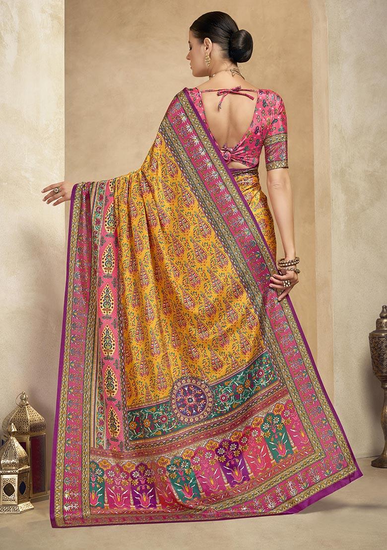 Orange Position Digital Foil Printed Crepe Silk Saree Set