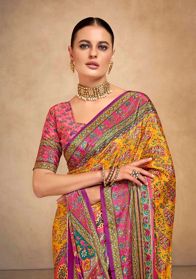 Orange Position Digital Foil Printed Crepe Silk Saree Set - Indya