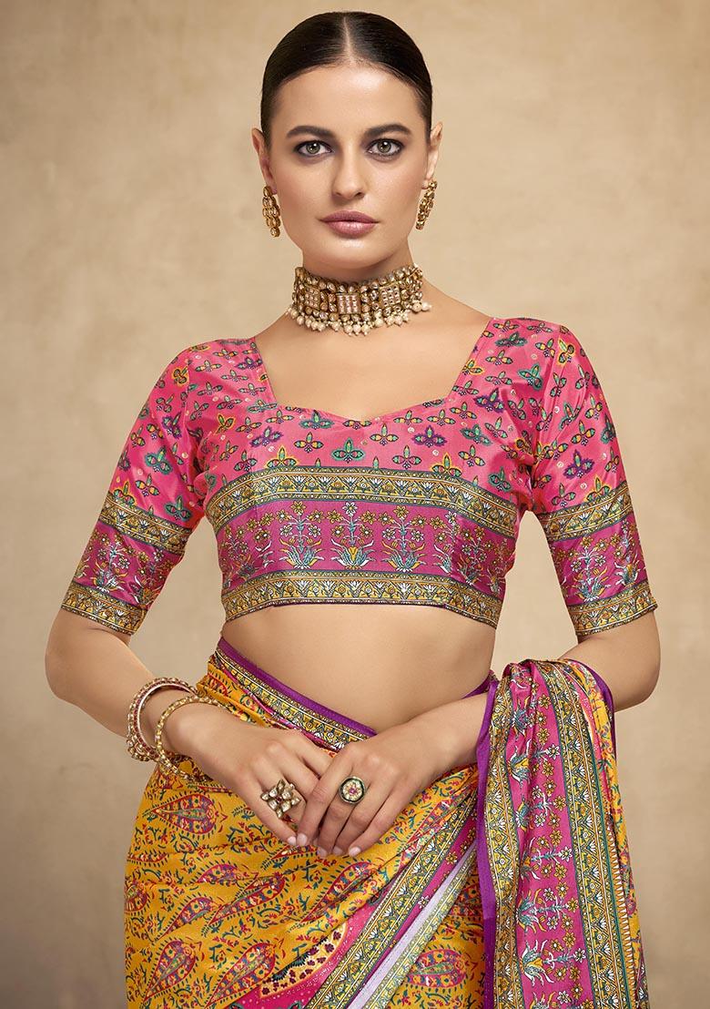 Orange Position Digital Foil Printed Crepe Silk Saree Set