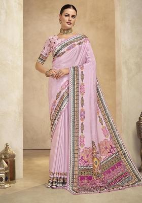Purple Position Digital Foil Printed Crepe Silk Saree Set