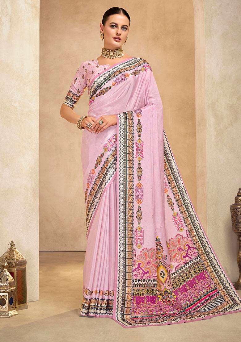 Purple Position Digital Foil Printed Crepe Silk Saree Set - Indya