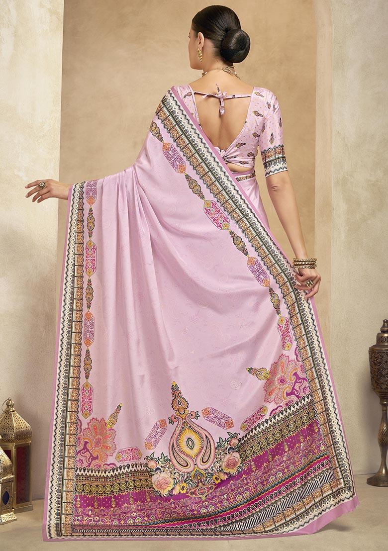 Purple Position Digital Foil Printed Crepe Silk Saree Set