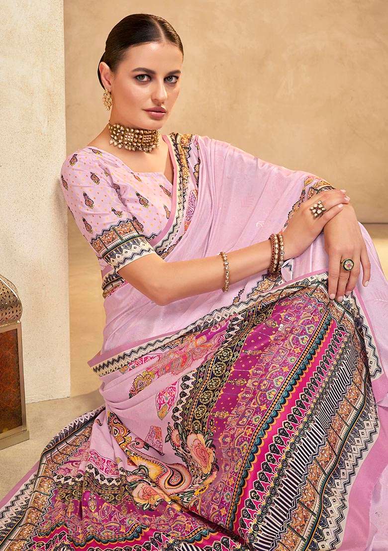 Purple Position Digital Foil Printed Crepe Silk Saree Set - Indya