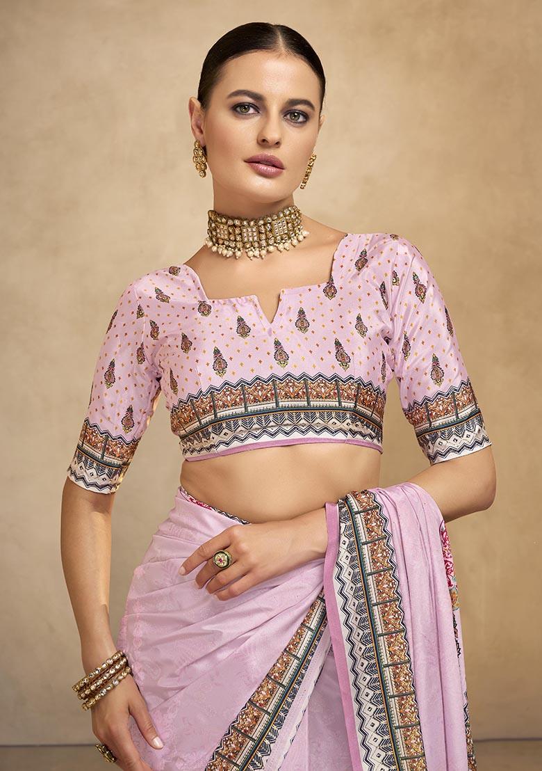 Purple Position Digital Foil Printed Crepe Silk Saree Set