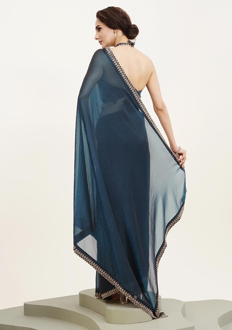 Teal Blue Embellished Beads And Stones Work Satin Saree Set