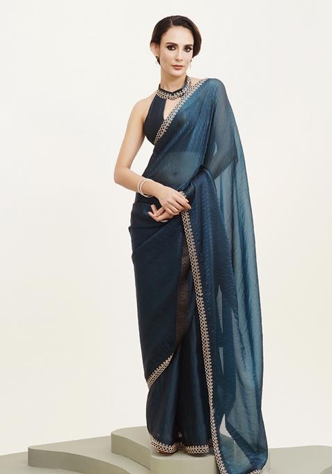 Teal Blue Embellished Beads And Stones Work Satin Saree Set