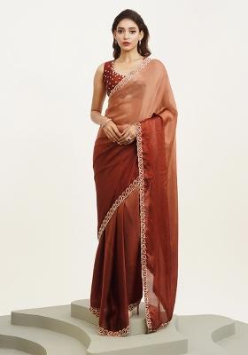 Rust Brown Embellished Beads And Stones Work Satin Saree Set