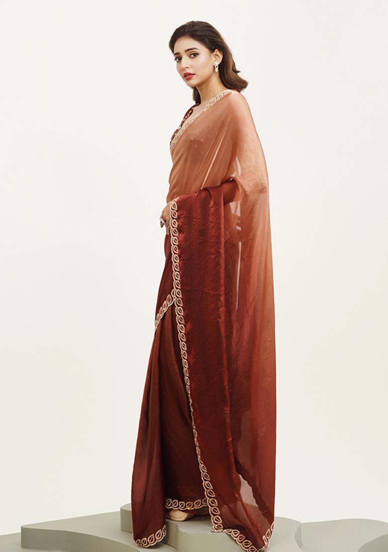 Rust Brown Embellished Beads And Stones Work Satin Saree Set