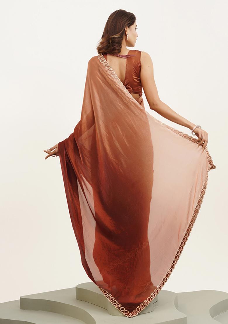 Rust Brown Embellished Beads And Stones Work Satin Saree Set