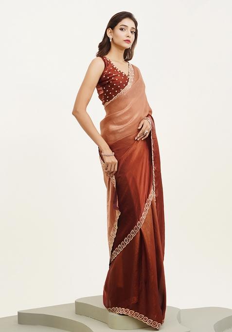 Rust Brown Embellished Beads And Stones Work Satin Saree Set