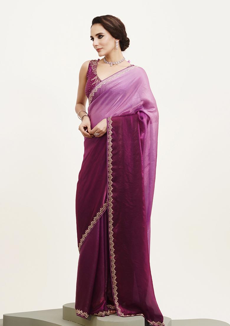 Purple Embellished Beads And Stones Work Satin Saree Set