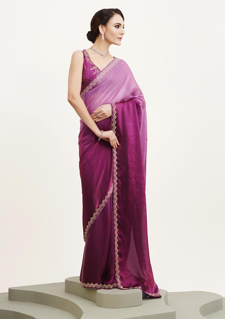 Purple Embellished Beads And Stones Work Satin Saree Set