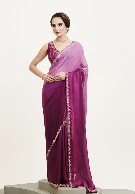 Purple Embellished Beads And Stones Work Satin Saree Set