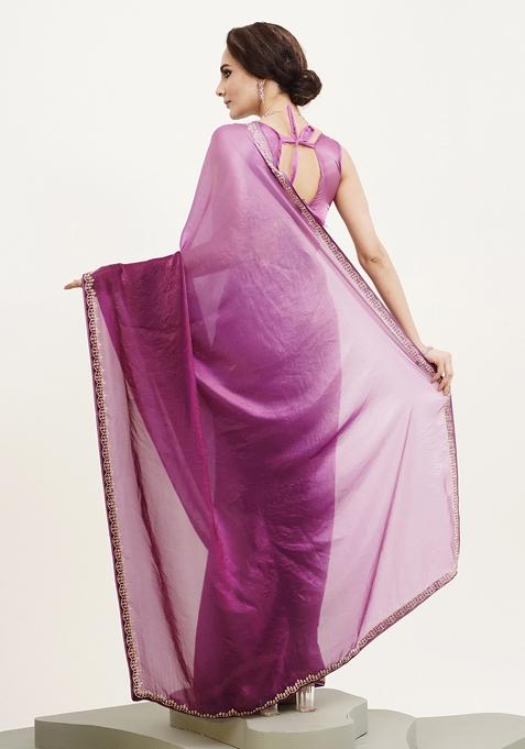 Purple Embellished Beads And Stones Work Satin Saree Set